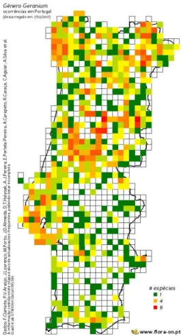 Figura 3 - Mapa de distribuição do género  Geranium em Portugal continental. Fonte:  www.flora-on.pt  (29)