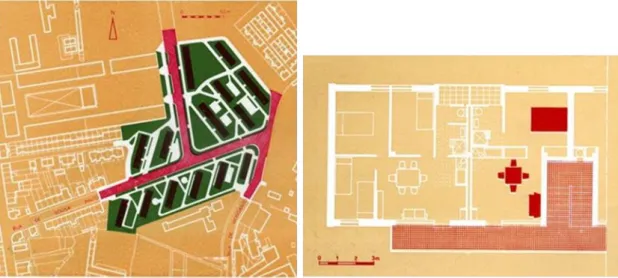 Figura 13 - Bairro do Carvalhido (“solução A” do “Plano de Melhoramentos”) - implantação e planta de  habitação