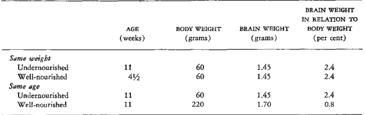 TABLE  2.  Rats:  Effect  on  Body  Weight  and  Brain  Weight  of  Undernutrition  from  Weaning  at  3  Weeks to  11  Weeks  of  Age