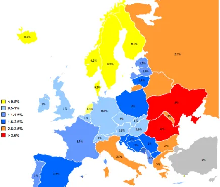 Figura 5 – Estimativa da prevalência da infecção por VHC nos diferentes países Europeus