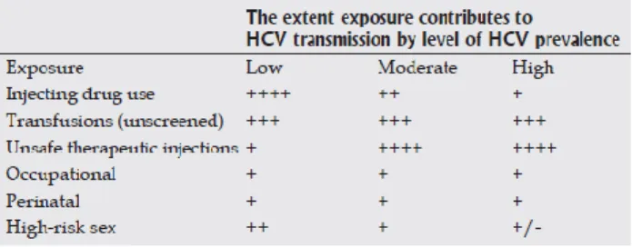 Tabela 1 – Importância das diferentes exposições à transmissão do VHC, segundo o padrão mundial de  prevalência leve, moderado e alto (21)