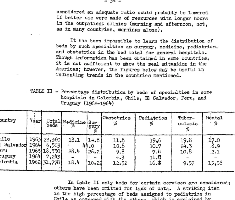 TABLE II  - Percentage  distribution by beds  of  specialties  in some hospitals in Colombia,  Chile,  E]  Salvador, Peru, and Uruguay  (1962-1964)
