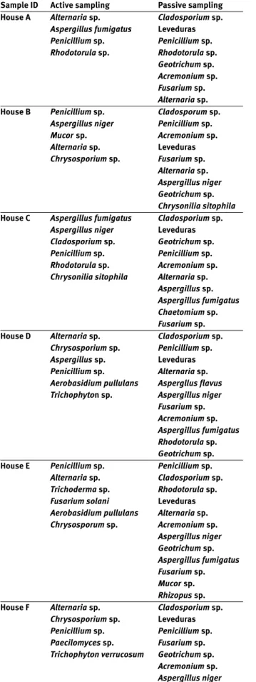 Table 3. Identification of fungi found at each house using dust sam- sam-ples from the vacuum cleaner bag (active sampling) and from the deposited dust on petri dishes (passive sampling).