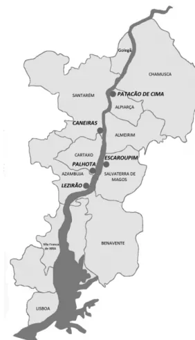 Figure 2: Escaroupim: accessibilities (road infrastructures). Graphic scale. Adapted from Carta Militar de Portugal, 1:25 000, 2007, Folha 377, série M888, accessible in IGEOE, Lisboa, Portugal.