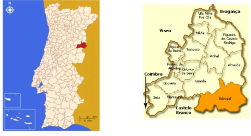 Fig. 1- Mapa de Portugal e Mapa do Distrito com indicação da localização do Concelho do Sabugal 