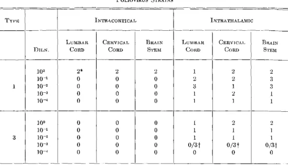 TABLE  13.  COMPARATIVE  HISTOLOGIC  FINDINGS  IN  RHESUS  MONKEYS  INOCULATED  WITH  ATTENUATED POLIOVIRUS  STRAINS INTRACORTICAL CERVICAL COBD 2 0 0 0 0 0 0 0 0 0 BRAINSTEM2000000000 INTRATHALAMICLUMBARCORD12311110/3t0CERVICALCORD22212110/3tO