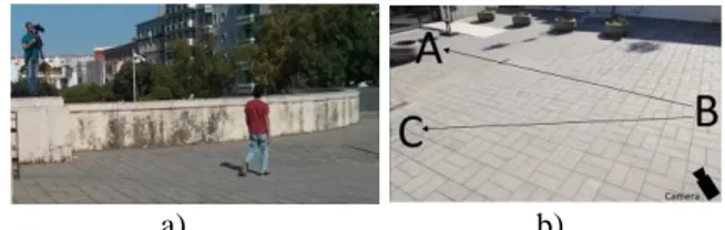Fig.  13.  Acquisition  setup  a)  camera  position  b)  walking  directions. 