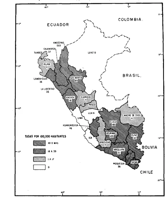 FIG.  2.-Morbosidad por  viruela en el  Perú, por  departamentos, en  1950.  Tasas por 100.000  habitantes.