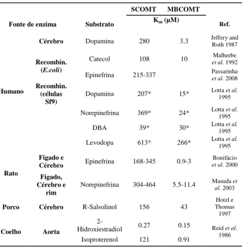 Tabela 1 – Afinidades de SCOMT e MB-COMT, de diferentes  fontes, para  vários substratos (Adaptado de Bonifácio et al., 2007)