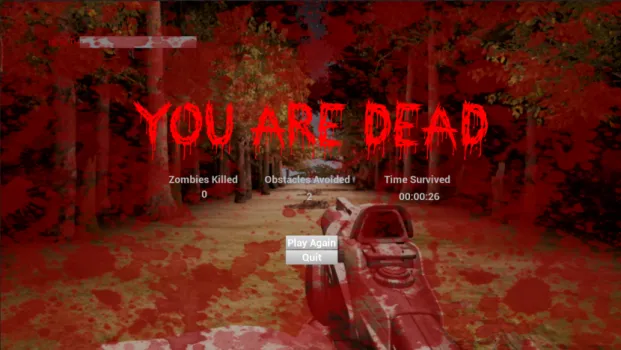 Figure 3.4: The death screen shows playthrough information both relevant to the player and for test purposes like the amount of enemies killed, the number of obstacles avoided and the total time survived, which represents the total
