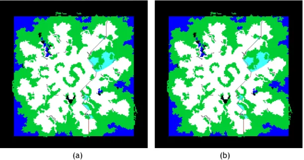 Figure 2.5: Paths (in red) found in HOG2 thecrucible map of Warcraft 3 through: (a) optimistic search; (b) skeptical search