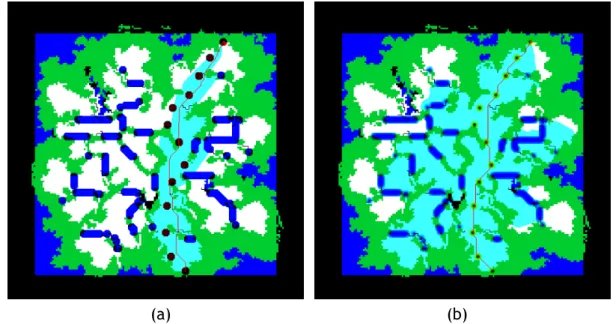 Figure 2.6: Paths (in red) found in HOG2 crucible map of Warcraft 3 through: (a) risk-adverse A*; (b) constraint-aware navigation.