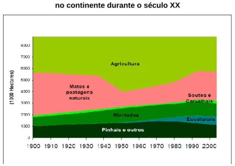 Figura 4.1. Evolução da área florestal, de matos e de agricultura   no continente durante o século XX 
