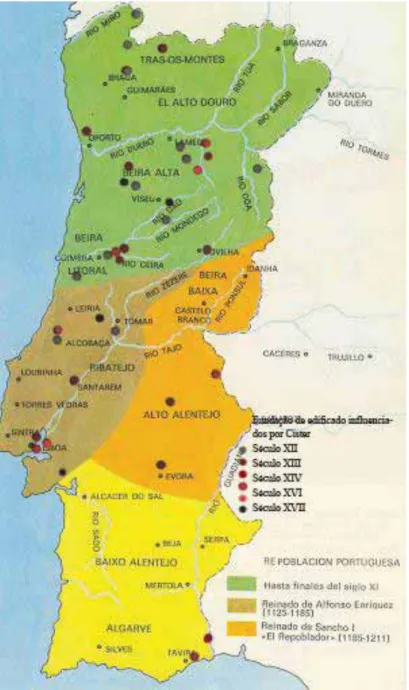 Figura 3- Mapa do Avanço da Reconquista Cristã com  sobreposição de edificado de influência cisterciense por século