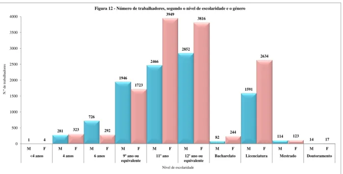 Figura 12 - Número de trabalhadores, segundo o nível de escolaridade e o género