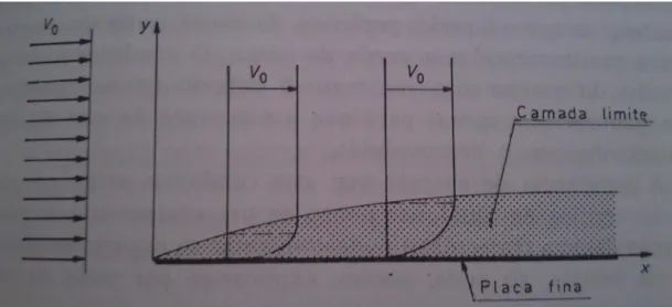 Fig. 2.1- Camada limite provocada por uma placa fina, delgada e paralela à velocidade do  escoamento (Quintela, 1981)