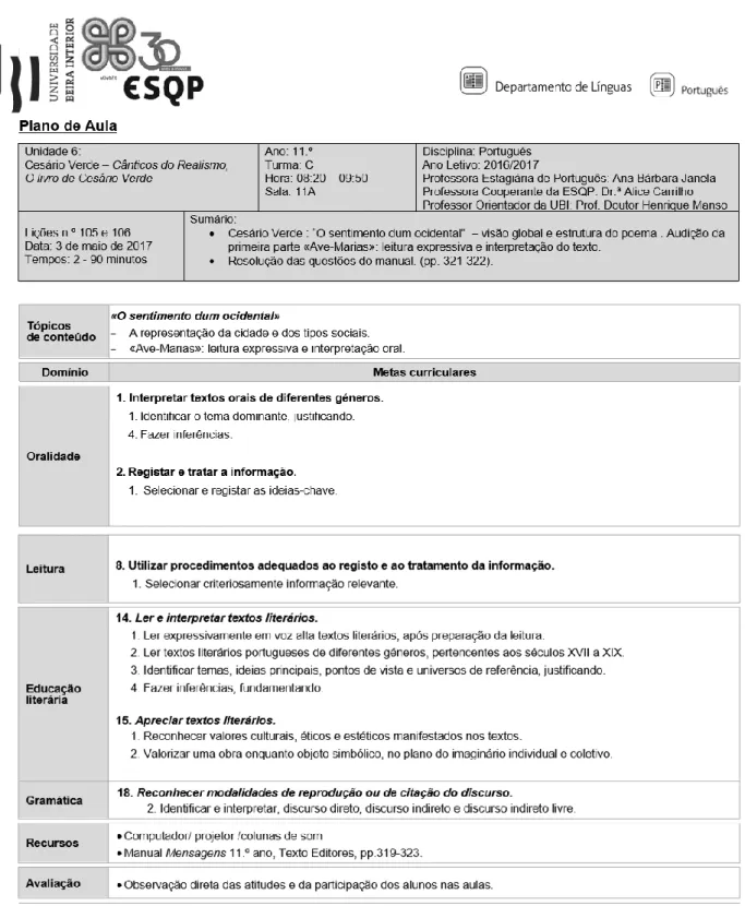 Figura 14- Plano da aula de português sobre Cesário Verde. 