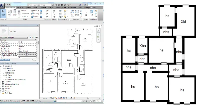 Figure 7: Model of a RdB dwelling in Autodesk REVIT 2014 (left) and visual representation of the  dwelling in the grap h rewriting environment (right) 