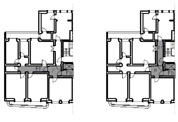 Figure 10 : Two possible rule applications of the assignment rule. The space nodes with labels Fb  and F are matched to the lift hall and the entrance adjacent to  the lift hall, respectively