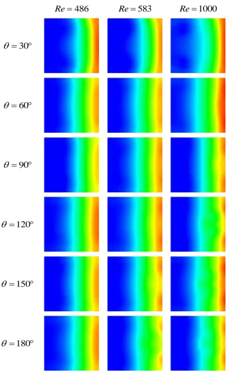 Figura 5.21- Distribuição da pressão (p) na secção transversal. Contornos de p para 486 ≤ Re ≤ 1000 em  diferentes posições angulares (θ)