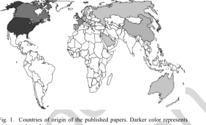 Fig. 1. Countries of origin of the published papers. Darker color represents higher number of papers.