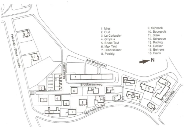 Fig.  4. Planta  do  bairro,  com  identificação  dos  edifícios  dos  dezasseis  arquitetos
