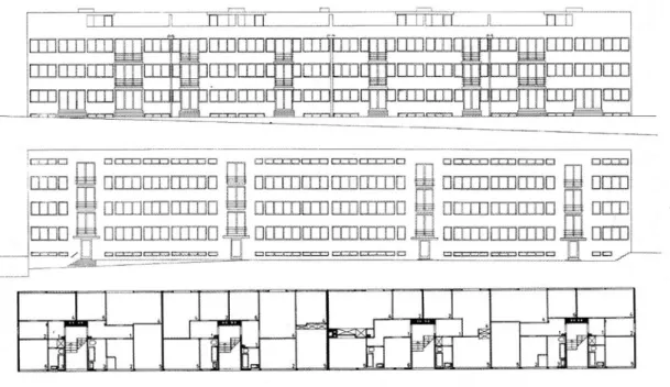 Fig. 7. Alçados e Plantas do edifício de Mies van der Rohe. Weissenhof, Estugarda, 1927