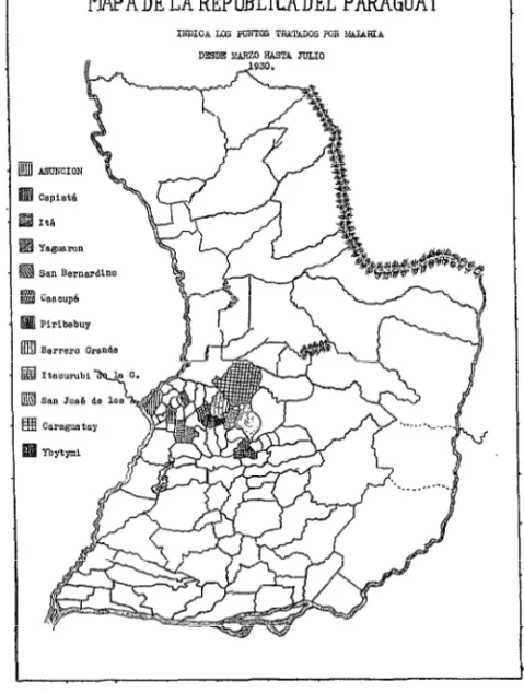 FIGURA  ~-Mapa  da la  Repdblica  del  Paraguay  indicando  los puntos  tratados  por  paludismo  durante  la  epidemia  de  1930 