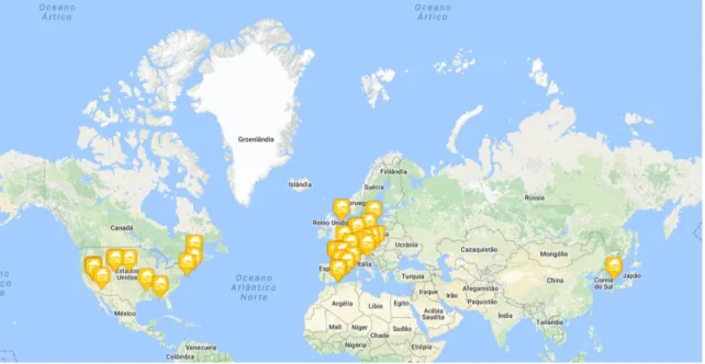 Figura 13: Sinalização, no mapa, da sede de alguns padrões de domótica a nível mundial