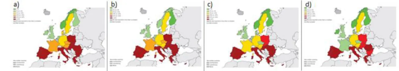Figura  4  –  Espécies  de  Acinetobacter:    percentagem  de  isolados  invasivos  com  resistência  a)  fluorquinolonas,  b)  aminoglicosídeos;  c)  carbapenemes  e  d)  combinada  às  fluorquinolonas,  aminoglicosídeos e carbapenemes EU/EEA, 2013