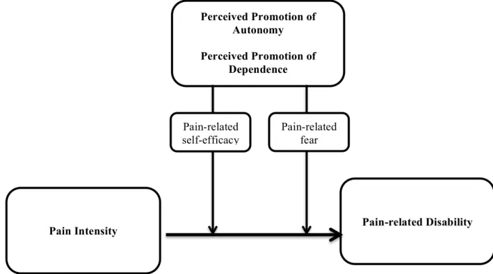 Figure 2 – Buffering effect of perceived promotion of autonomy and amplifying effect of  perceived promotion of dependence on the influence of pain intensity on pain-related disability 