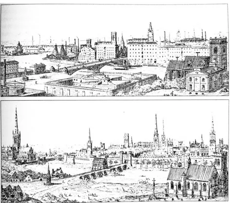 Figura 1: Cidade Católica em 1440 (em baixo) e a mesma em 1840 (em cima). Pugin, A. (1973), em Contrasts