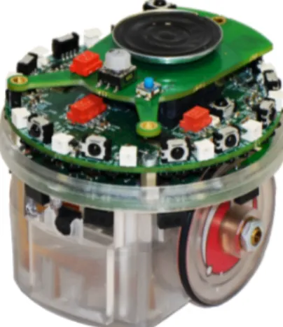 Figure 3.3: The e-puck is a differential drive robot with a diameter of 75 mm and is equipped with a variety of sensors and actuators, such as a color camera, infrared proximity sensors, a loudspeaker, 3 microphones, and two wheels