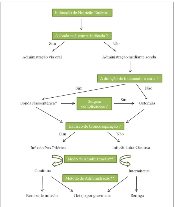 Figura A3. Algoritmo para Selecção das Vias de acesso, modos e métodos de administração de  NE (Adaptado de Guía de Nutricíon Enteral Domiciliaria en el Sistema Nacional de Salud,  2008) 