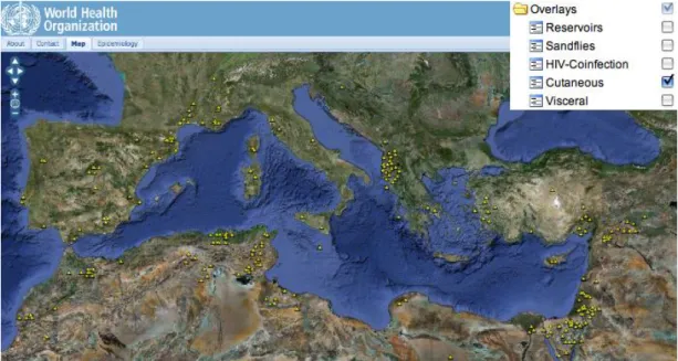 Fig. 4. Distribuição das zonas endémicas de LC na Bacia do Mediterrâneo. Adaptado de (11)