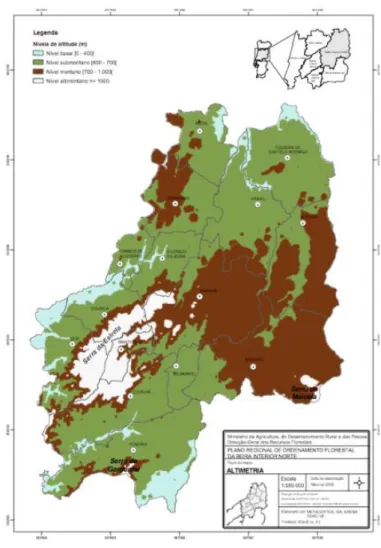 Fig. 8. Mapa orográfico das Sub-regiões da Beira Interior Norte e da Cova da Beira. Fonte: Ministério da  Agricultura, do Desenvolvimento Rural e das Pescas