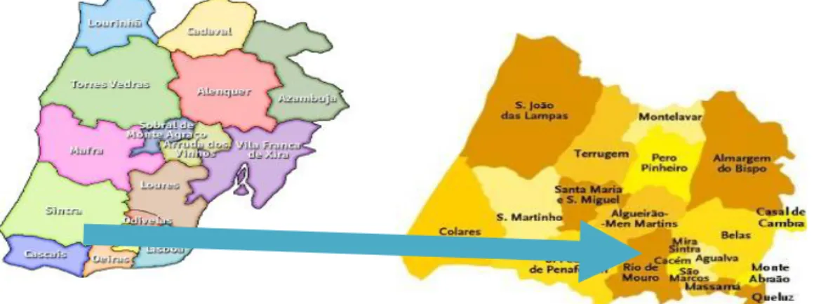 Figura 1: Mapa do distrito de Lisboa, concelho de Sintra e localização da freguesia do  Cacém 