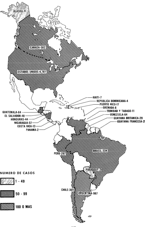 FIG.  l.-Casos  de rabia  en animales,  notificados  en  las  Américas,  en  1958.  GUA  EL  NUMERO  DE  CASOS  m  100 0  MAS  PANAMA-Z  -  217 