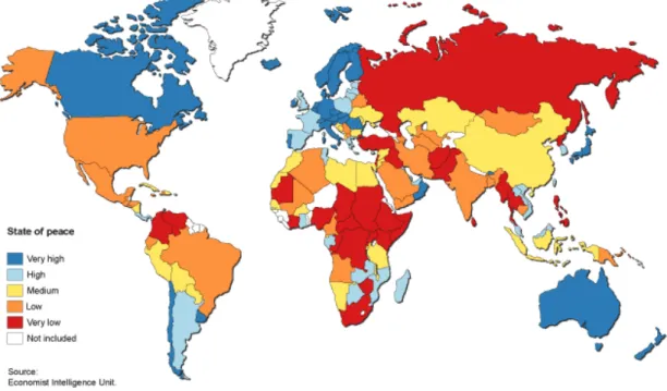 Figura 1 - Distribuição mundial do nível de paz nos diferentes países. 