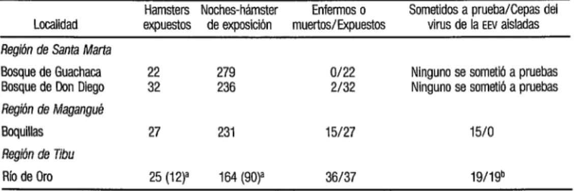 CUADRO  1.  Número de hamsters expuestos en 1983 en cuatro focos endémicos del virus de la encefaliis equina  venezolana  (EN)  en Colombia, y número de animales moribundos o muertos y de cepas del virus aisladas,  por localidad 