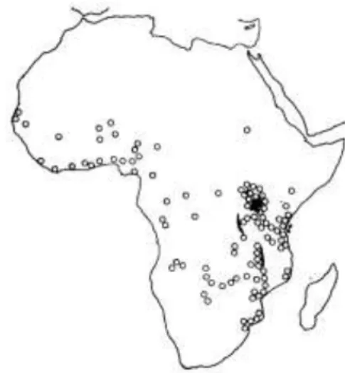 Figura 6 – Mapa da distribuição/incidência do LB publicado por D. Burkitt, em “Determining the climatic  limitations of a children´s cancer common in África”, 1962