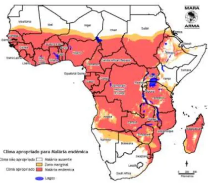 Figura 7 - Distribuição da Malária endémica em África. Mapa original de MARA/ARMA (36).
