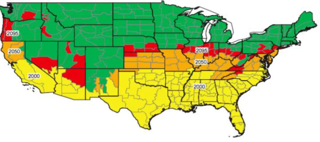 Figura  5.  Previsão  da  expansão  da  região  “stone-belt”  Norte-Americana,  nos  anos  2000  (região  a  amarelo),  2050  (região  a  cor-de-laranja)  e  2095  (região  a  vermelho)