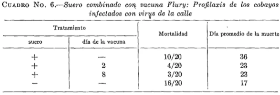 CUADRO  No.  6.-Suevo  combinada  con  vacuna  Flury:  Profilaxis  de  los  cobayos  infectados  con  virys  de  la  calle 