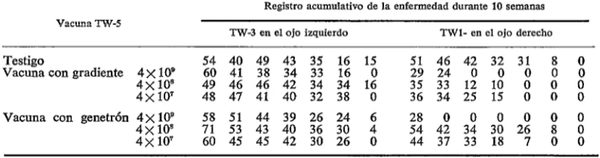 CUADRO  ï-Experimento  con  VCICVIICI contra  el  tracoma  en  el  mono,  utilizando  dos  cepa  de  vcxuna  del  Tipo  B  y  simultáneamente  inoculaciones  de  prueba  con  el  Tipo  B  y  el  Tipo  C,  una  cepa  en  cada  ojo