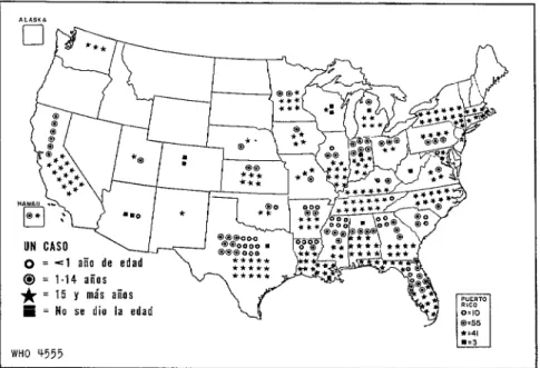 FIGURA  1 -  Distribución  de  cc~sos notificados  de  tétanos  en  los  Estados  Unidos  de  América,  por  estados  y  por  amplios  grvpos  de  edad,  en  1962.”  *  -  -  UN CASO  0  =  -=l  año  de  0  =  1-14  añas  edad  íì +  =  15  y  más  anos = 