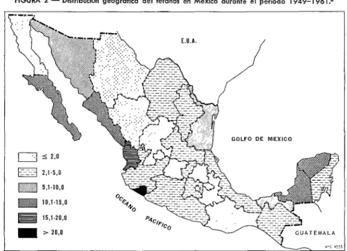 FIGURA  2  -  Distribución  geográfica  del  tétanos  en  México  durante  el  período  1949-l  9610 
