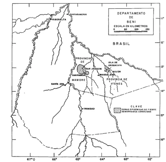 FIGURA  2-Mapa  del  nordeste  de  Bolivia  en  que  se  muestran  los  lugares  de  fiebre  hemorrágica  epidémica  en  1965