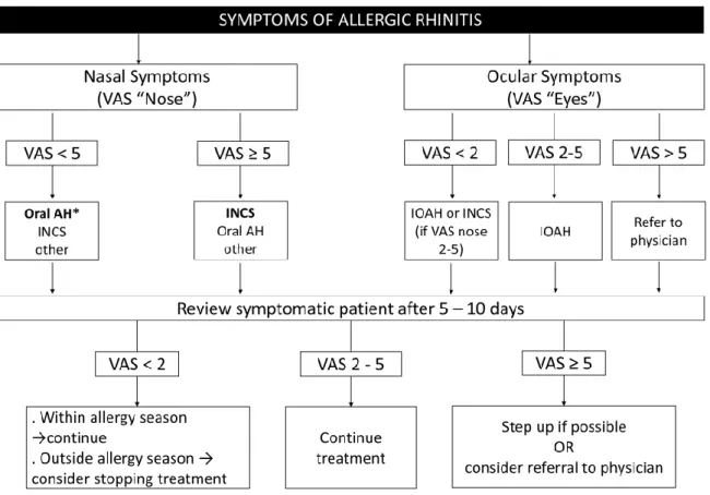 Figure 4 presents a flowchart based on VAS to help pharmacists determine which medication is indicated for individual patients experiencing AR symptoms