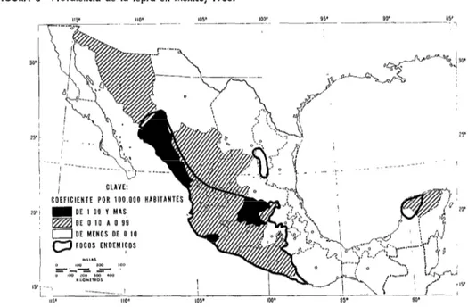 FIGURA  3-Prevalencia  de  la  lepra en  México,  1968. 